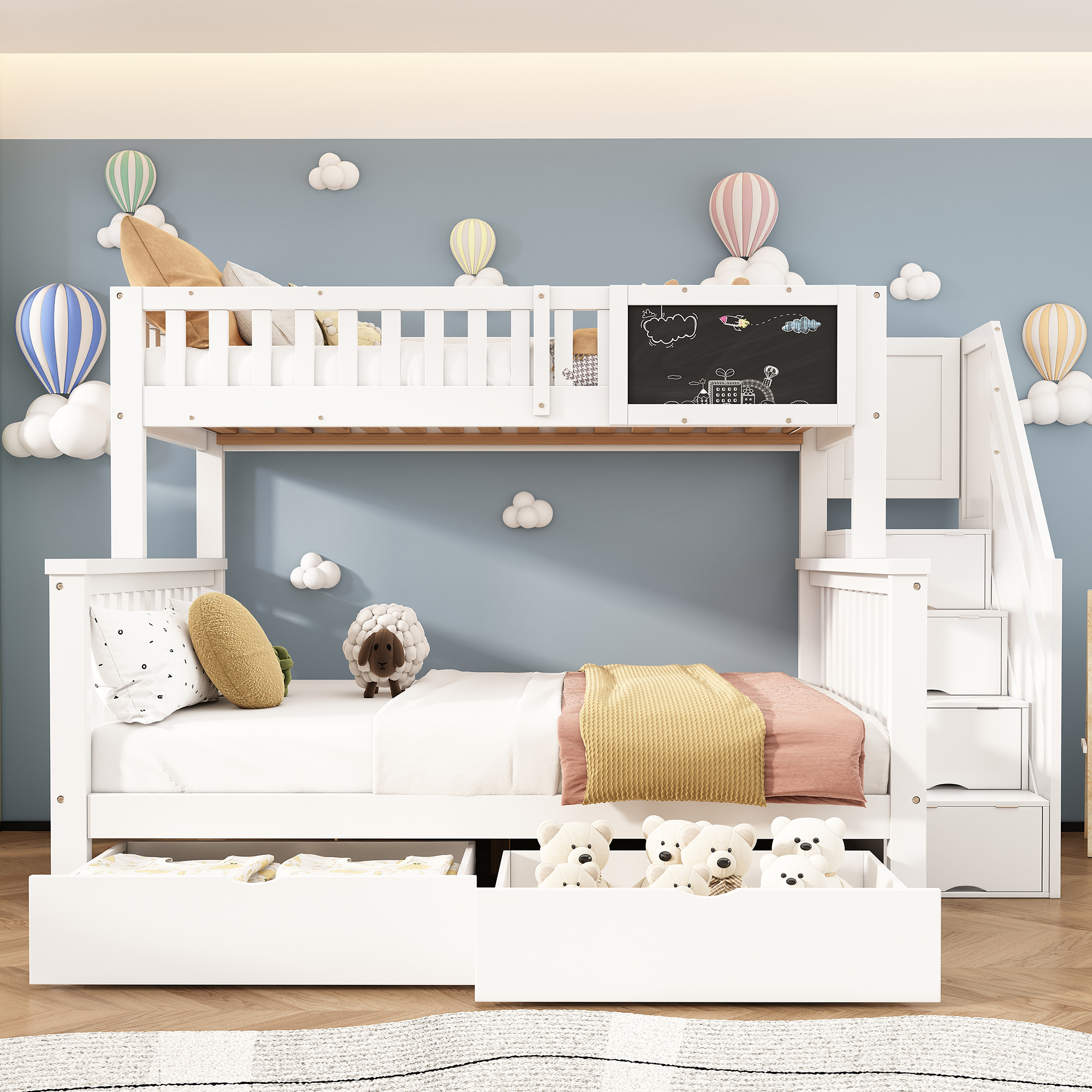 okwish Kinder-Etagenbett (90*200cm und 140*200cm) Familie praktisches Doppelbett multifunktionales Kinderbett mit Brettschublade stabil und langlebig weiß (ohne Matratze)