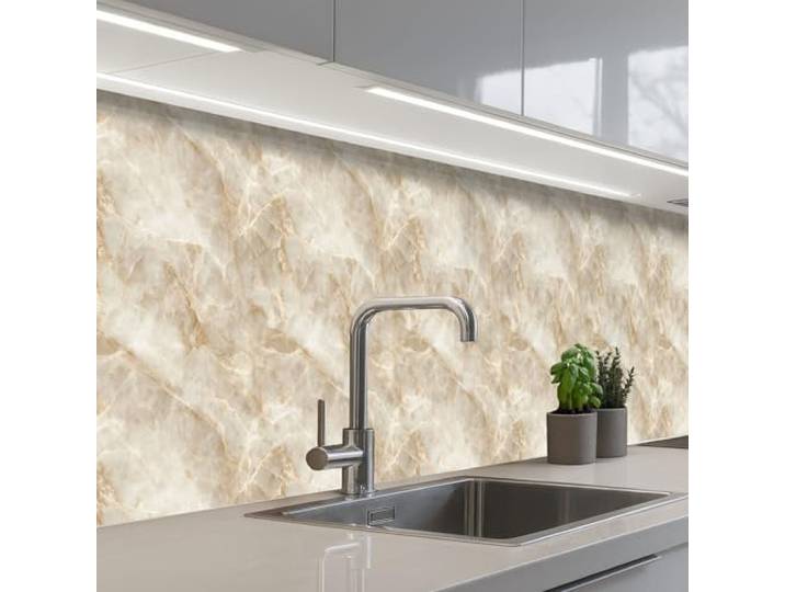 KitchenYeah© Spritzschutz Küchenrückwand Selbstklebend Küche Rückwand 80x500 cm - Küchenwand Wand Küchenfront Verkleidung Küchenspritzschutz Hellbeige - Onyx - Dezent