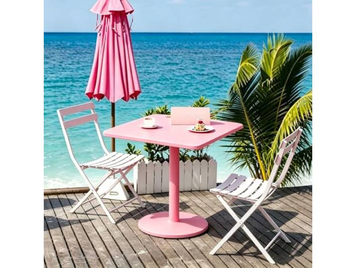 Yopappol Rosafarbener Metall-Bistrotisch, Quadratischer Terrassen-Beistelltisch Aus Eisen, Wetterbeständige Kleine Outdoor-Couchtische Für Stranddeck, Gartenbalkon, Leicht Zu Reinigen(60x60x73cm)