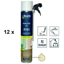 12 x Bostik Montage B2 P741 1K PU-Polyurethan Schaum 750ml Dose gelb