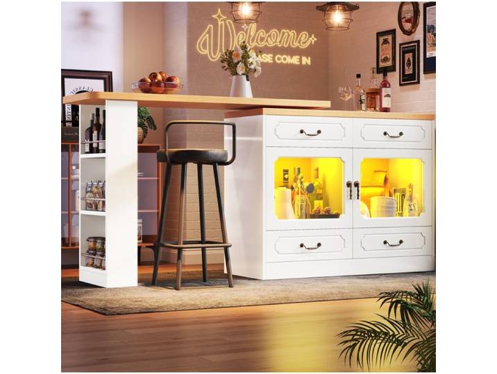 ROVRYN Îlot central extensible 135-203 cm avec rangement rotation 360° et LED blanc et naturel