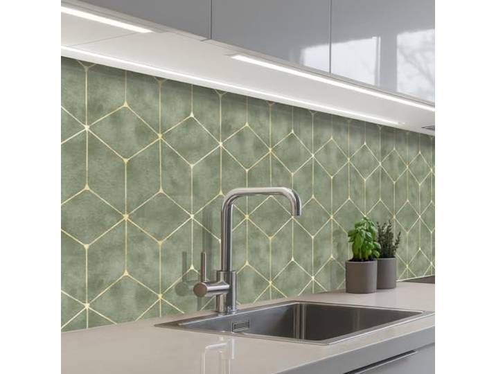 KitchenYeah© Rückwand Küche Rückwandschutz Selbstklebend Spritzschutz 80x400 cm - Küchenrückwand Küchenfront Küchen Selbstklebende Küchenrückwände Subtil - Geometrisch - Gold - Grün