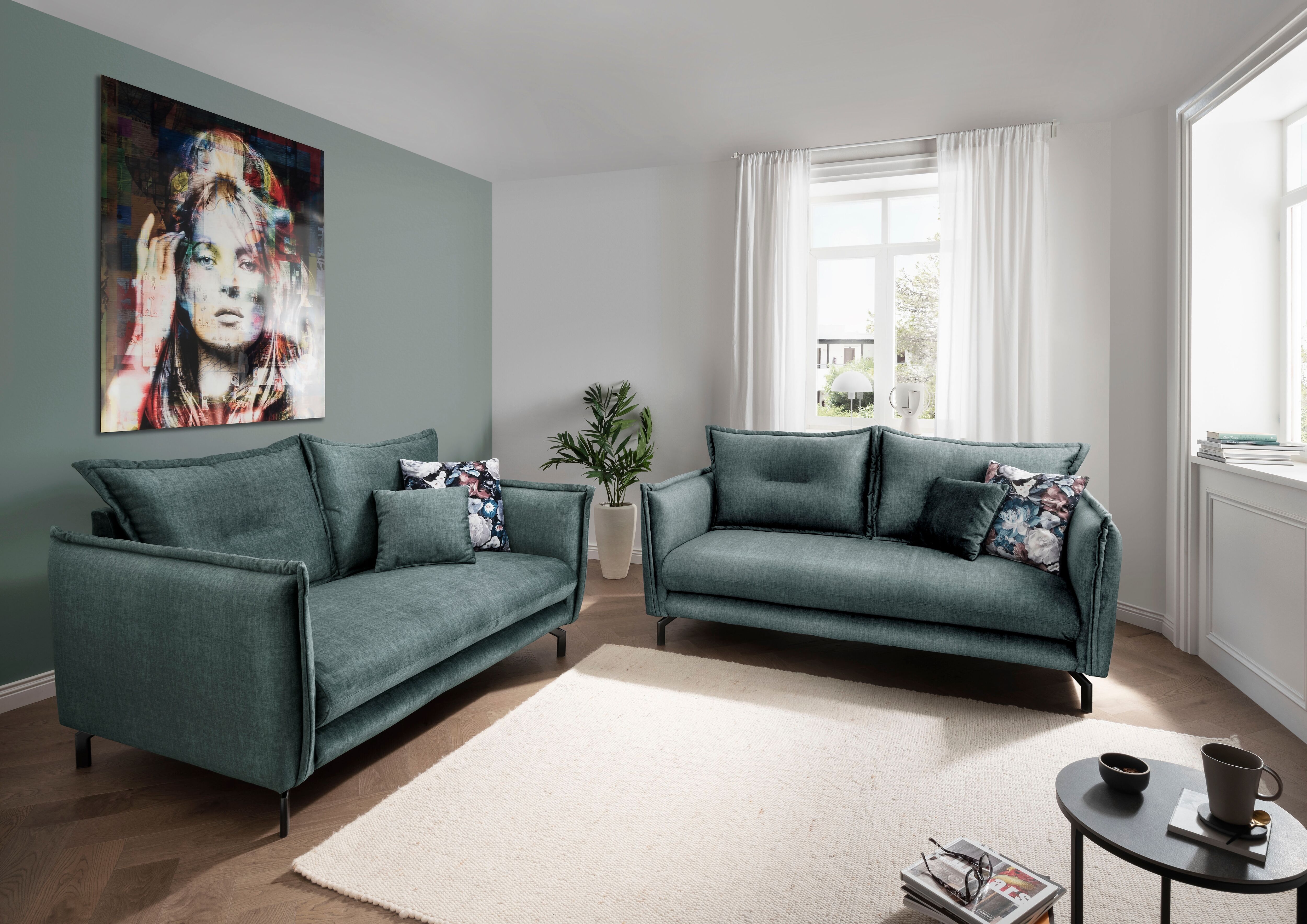 Sitzgruppe HOME AFFAIRE "Lava modern und bequem, schmale Armlehnen, tolle Detailverarbeitung", grün (ocean, türkis), B:255cm H:94cm T:110cm, Sitzmöbel-Sets, Sitzgruppe, Armlehnen verstellbar