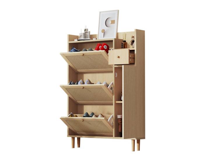 Flieks Schuhschrank Rattan schmal 3 Türen 90x17x125cm, Naturfarben, 90x125x17 cm, Garderobe, Schuhaufbewahrung, Schuhkipper