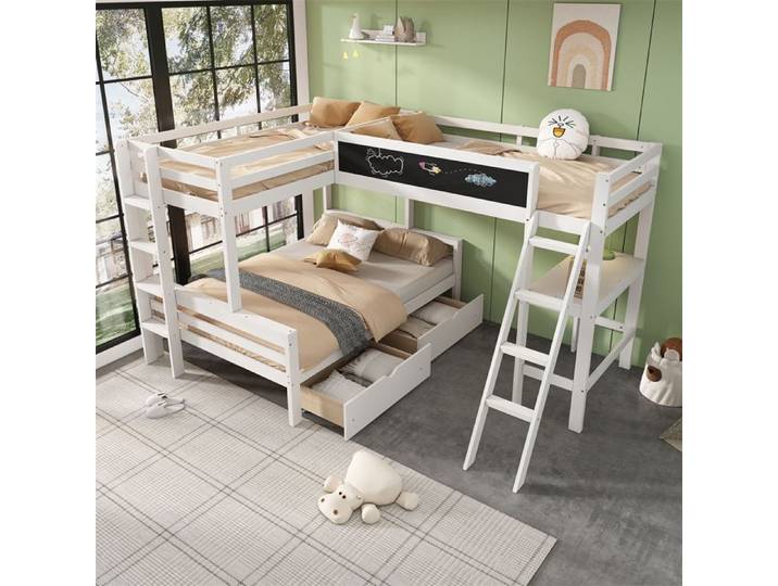 DRIPEX Lit Mezzanine 90×200cm+140×200cm en forme de L Trois Lits pour enfants avec bureau tiroirs et tableau Lit triple Blanc