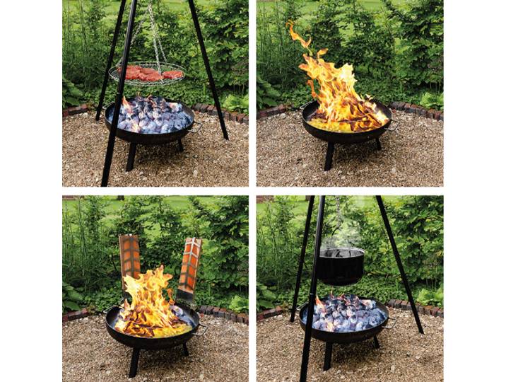 4-in-1 Multifunktionsgrill mit Feuerschale, Schwenkrost, Flammlachsbrett und Feuerkessel