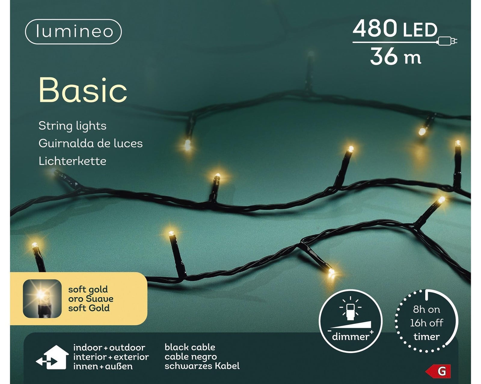 Lumineo Led basic lichtsnoer zwart/soft gold met 480 LED, 36 meter