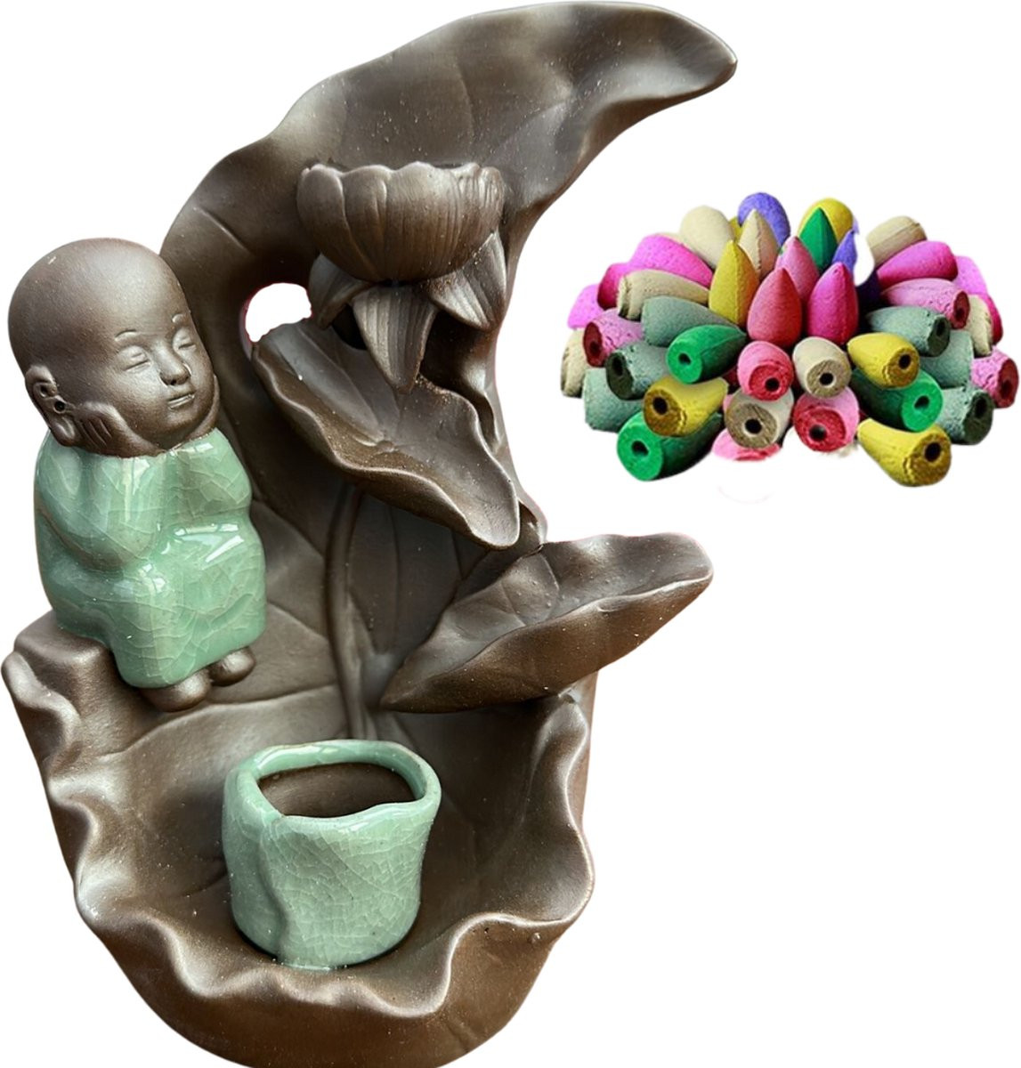 Wierookhouder Lotusbladeren met Boeddha - Waterval Wierookbrander voor Back Flow Kegels