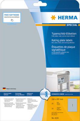 Typenschild Etiketten Herma, A4, 210 x 297 mm, selbstklebend & wetterfest, silber, 25 Stück
