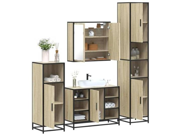 Jkghdrt 4-TLG. Badmöbel-Set Sonoma-Eiche Holzwerkstoff mit Metallgestell Waschbeckenunterschrank, Spiegelschrank, Lowboard, Metallgestell, feuchtigkeitsbeständig, platzsparend, Sonoma-Eiche