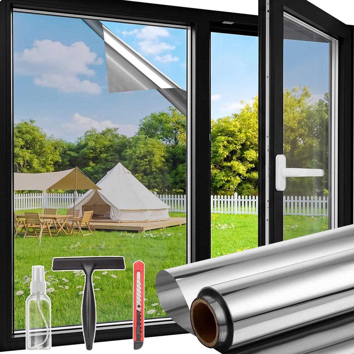 SnelShoppen Spiegelfolie Raam Zilver, 60 x 400 cm, Licht Klevende Raamfolie voor Privacy, Zonwering en UV-bescherming