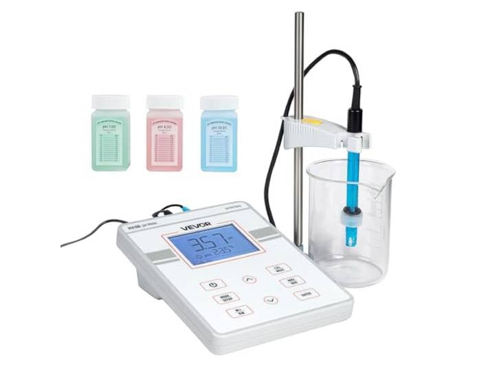 VEVOR pH Mètre de Table 0-14 pH\, Kit de Test Laboratoire\, Écran Rétroéclairé\, Solutions d'Étalonnage\, Adaptateur Secteur\, Capacité de Stockage de 50 Mesures\, pour Analyse de Température et de l'Eau