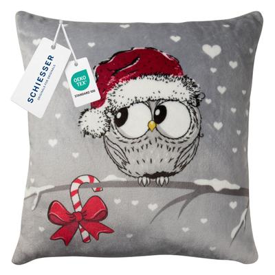 Dekokissen SCHIESSER "Dekokissen Thea, weiches Zierkissen mit weihnachtlichem Eulenmotiv", grau, B:50cm L:50cm, Polyester, Dekokissen_Sitzkissen_Kissenhüllen, OEKO-TEX STANDARD 100