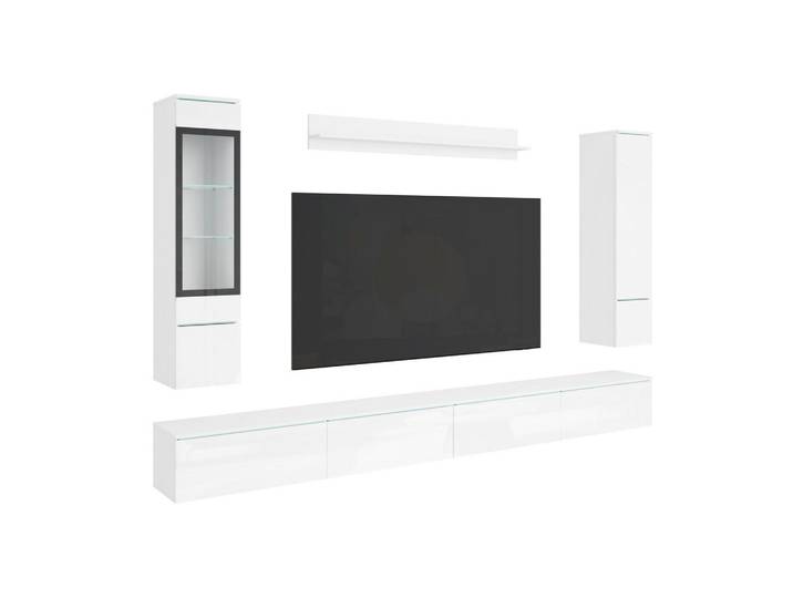 P & B Wohnwand, Weiss, Weiss Hochglanz, Kunststoff, 5-teilig, 7 Fächer, 300x162x33 cm, stehend, hängend, Wohnzimmer, Wohnwand, Komplette Wohnwand