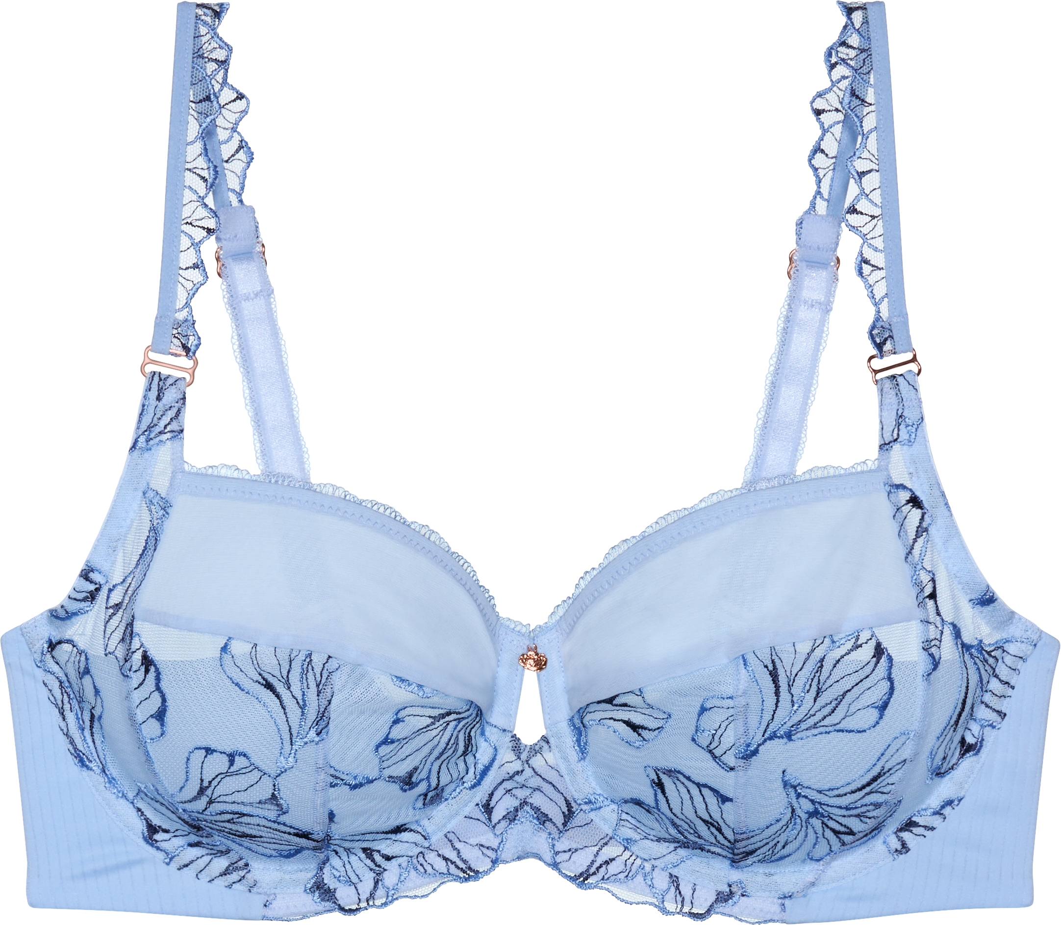 Bügel-BH TRIUMPH "Wild Iris Florale", Damen, Gr. 75, Cup D, blau (brise), Microtouch, Obermaterial: 53% Polyester, 37% Polyamid, 10% Elasthan, BHs Bügel-BH, mehrfarbige florale Stickerei, tiefer Rückenausschnitt, weich, Mesh