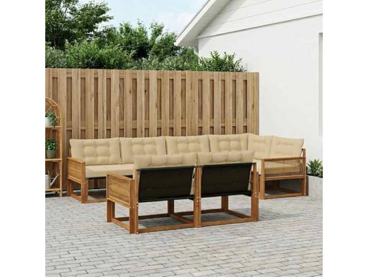 RJPLMFV Ecksofa für den Außenbereich, 7-teilig, Akazien-Textilene Rahmen aus Massivholz, Kissen für den Frühling, modulares Design, Rückenlehne und Armlehne, einfache Pflege