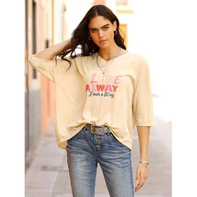 Langarmshirt HEINE "Langarm-Shirt", Damen, Gr. 40, beige (sand), 95% Polyester, 5% Elasthan, gemustert, V-Ausschnitt, Shirts Langarmshirt