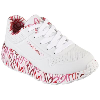 Sneaker SKECHERS "UNO LITE-LOVELY LUV", Mädchen, Gr. 32, Textil, weiß (weiß, rot), Lederimitat, Textil, kontrastfarbene Details, Schuhe Sneaker, Schnürschuh mit bedruckter Sohle, Größenschablone zum Download