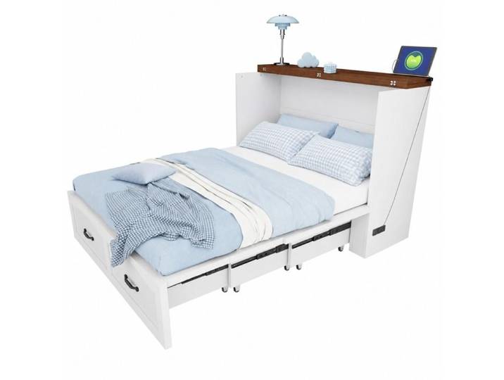 Lit escamotable 140x200 cm avec rangement intégré prise européenne roulettes silencieuses cadre métal blanc FOLYNA