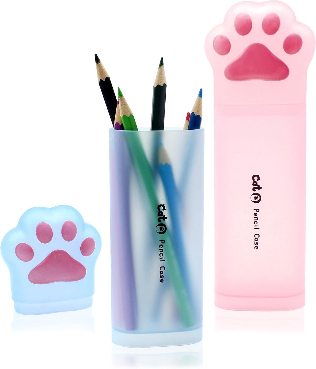 Set van 2 Kawaii Kattenpootjes Pennenhouders en Opbergdozen, Dubbele Mode, Roze en Lichtblauw