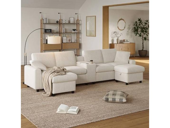 Merax U-förmiges Sofa aus Cordstoff mit 2 Fußhockern & Stauraum, Couchtisch, Getränkehaltern, USB & Steckdosen – (315×135×81 cm)