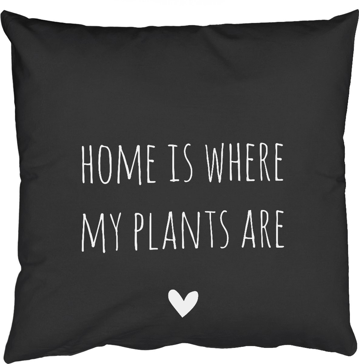 Sierkussen met Engelse quote Home is where my plants are en hartje, zwart, 45 x 45 cm