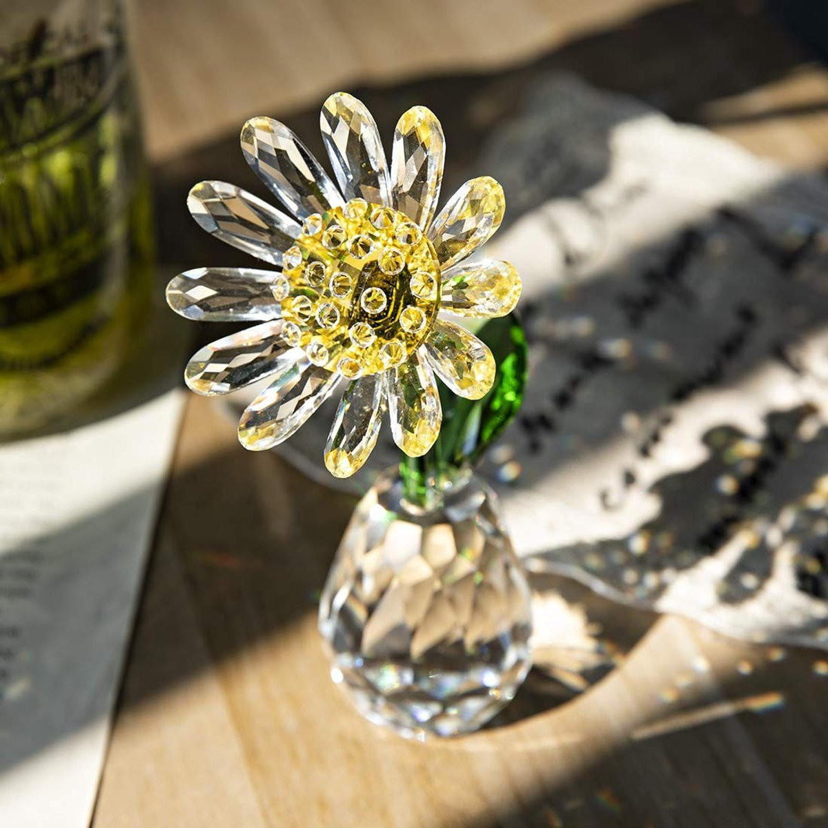 Cosensi Crystal Flowers Statue - Handgemaakt Glazen Daisy Beeldje - Geel - Tafeldecoratie