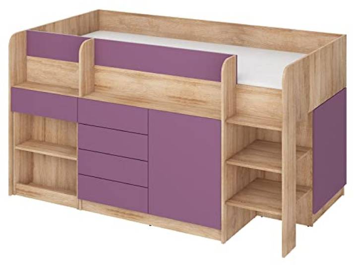 BIM Furniture Etagenbett Smile P Kindermöbel, Möbelset für EIN Kinderzimmer, EIN Bett mit Schreibtisch, Regalen, Schubladen: Rechte Seite (Sonoma-Eiche/Violett)