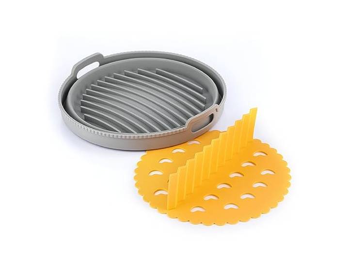 InnovaGoods - Opvouwbaar Siliconen Mandje voor Airfryer, Scheiding, Anti-aanbak, Herbruikbaar, Geschikt voor Magnetron/Oven/Koelkast/Vaatwasser, Grijs/Oranje, Ø21,5x7 cm