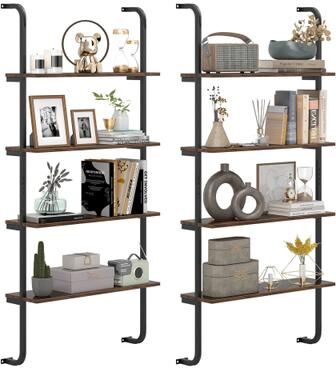 Set of 1/2 Wall Mounted Pipe Shelving Unit 4-Tier Ladder Bookshelf