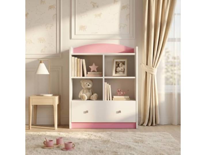 Happy Babies Kinderzimmer Bücherregal Rosa Motiv, Halbhohes Spielzeugregal mit geschlossenen Fächern, Aufbewahrung Schulsachen Holz