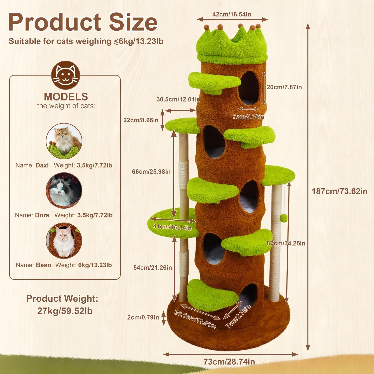 Katzenbaum - Kratzbaum 187 cm hoch - Stabiler Stand - Sisal-Kratzsäulen - Kronenförmige Liegefläche - Filz und Plüschhöhle - Für mehrere Katzen - Grün