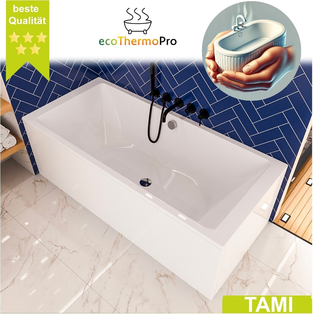 ECOLAM große Badewanne für Zwei Thermobadewanne TAMI 200x90 cm | Wanne mit Isolierung ecoThermoPro | Acrylwanne Rechteck + Schürze Ablauf Füße Silikon