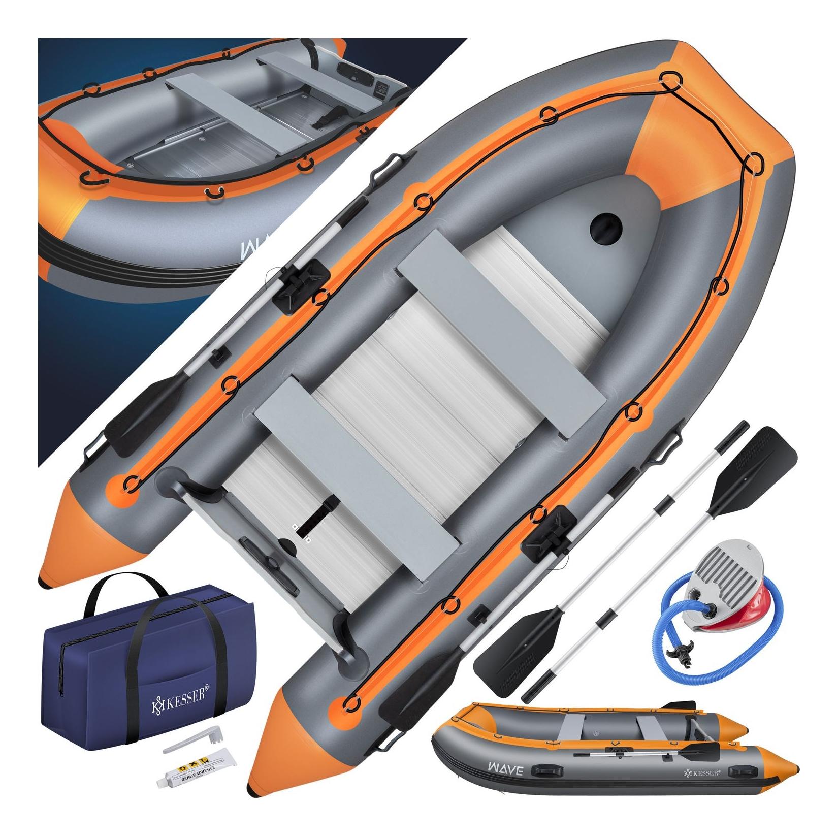 KESSER® Schlauchboot für 2 - 4 Personen - WAVE Motor geeignet Freizeitboot Paddelboot Motorboot Angelboot - mit 1 - 2 Sitzbänken - Alu-Boden Paddel Pumpe Reparaturset & Tasche aufblasbar PVC