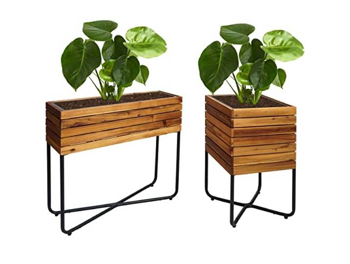 Mendler 2er-Set Pflanzkasten HWC-L25 Akazie, Holz, braun Blumenkasten, rechteckig quadratisch Outdoor, Stahl FSC®-Zertifiziert