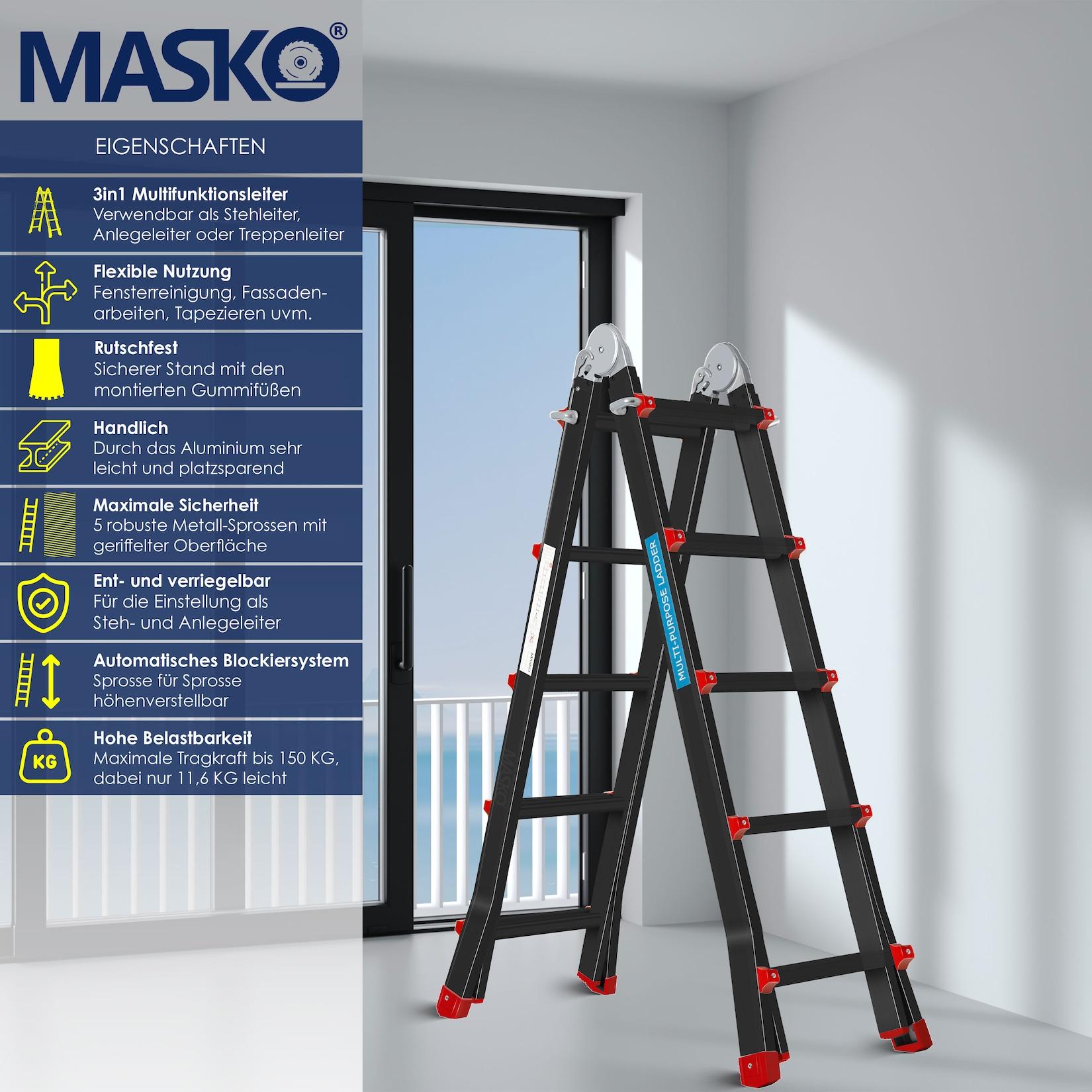 MASKO Aluminium 6in1 Mehrzweckleiter – 20 Sprossen - 520 cm 150 Kg, ausziehbar, Rutschfest, Multifunktional, Gelenkleiter, Anlegeleiter, Klappleiter, beidseitige Steh- und Treppenleiter