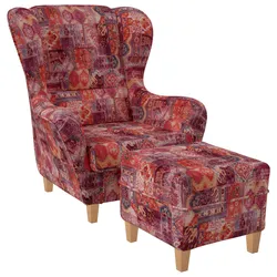 Supellex Sofia Ohrensessel mit Hocker   Patchwork, Samt-Velours, Orient Rot