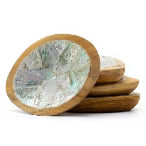Ancient Wisdom Set van 4 Mini Teakhouten Kommetjes met Schelpdecoratie Multicolor