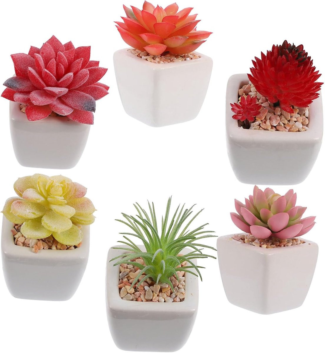 Set van 6 onderhoudsvrije kunstvetplanten in pot voor bureau decoratie, gesorteerde kleuren
