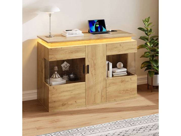 Buffet bas LED AESVAR 120 cm chêne clair station de charge USB-C prise EU portes vitrées
