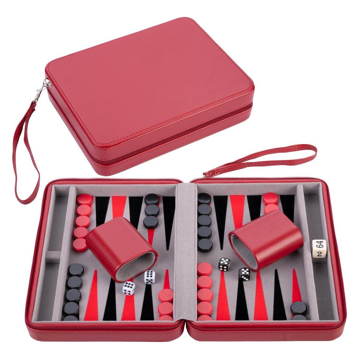 Longfield Backgammon 9" gau/schwarz/rot - Rot mit rits (2 Spieler) (8716096019506)