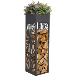 KAMINHOLZREGAL Innen Außen Metall Brennholzregal mit Pflanzkasten Stahl Verzinkt Anthrazit 30x30x111 cm Zweige-Motiv