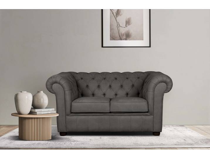 2-Sitzer Sofa, Luxus-Microfaser Nubuk, Dunkelgrau, 147×89×74 cm, Chesterfield, Klassisch, Home Affaire