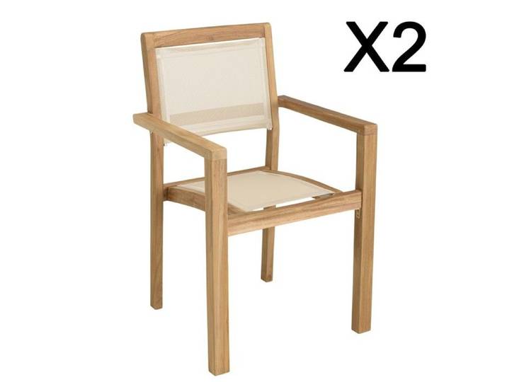 MACABANE FUN - Lot de 2 fauteuils empilables bois teck et textilène beige