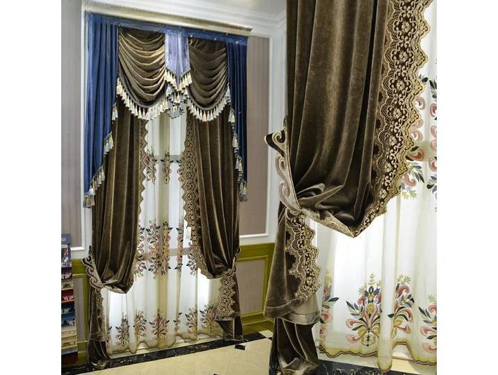 Rideaux occultants brodés vert européen classique de luxe, pour salon, chambre à coucher, salle à manger, taille personnalisée, cantonnière en Tulle, décor en dentelle