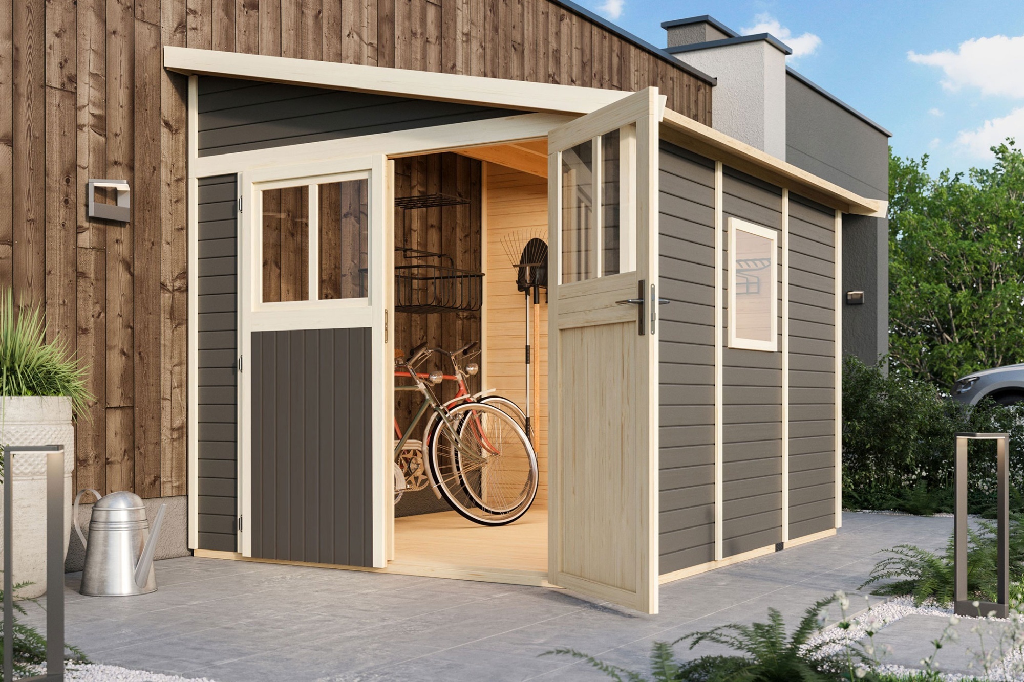 Karibu Gartenhaus Gerätehaus Bomlitz 3 terragrau 238x268x243 cm
