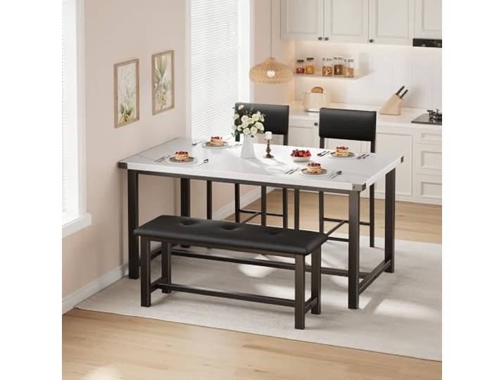 GarveeMore Esstisch Set Mit 2 Gepolsterte Stühlen & Banken, 4-Teiliges Küchentisch-Set, Platzsparende Essgruppe Für Esszimmer, Küche, Wohnzimmer