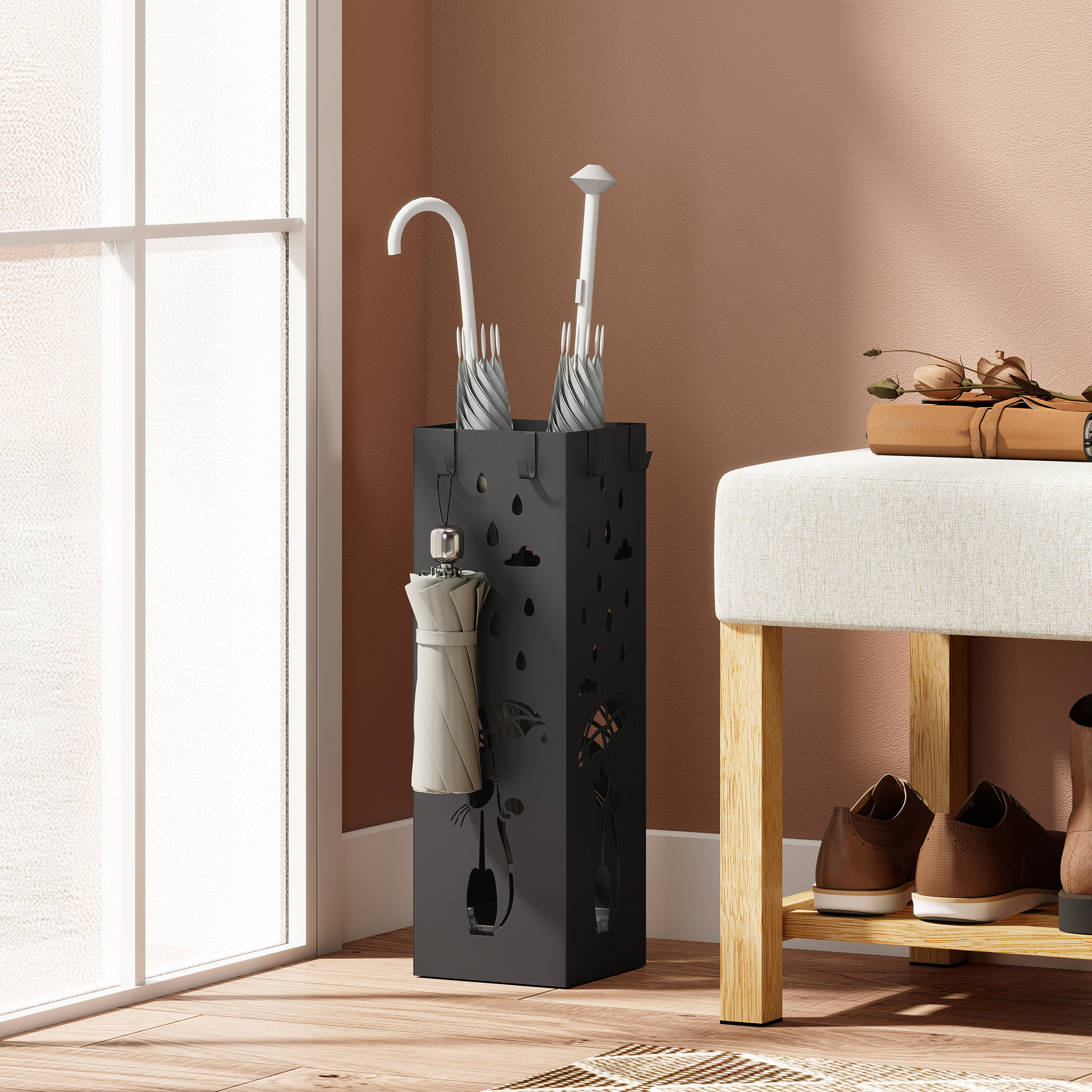 Homcom Portaombrelli Porta Ombrelli Quadrato con Vaschetta, 15.5x15.5x49 cm, Nero   Aosom Italy