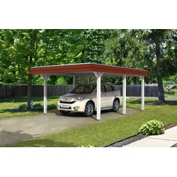 Carport Wendland 409x628 rote Blende, weiß, 20mm Dachschalung mit EPDM Folie Holzcarport