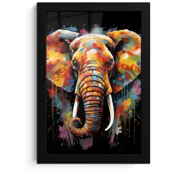 POSTER MIT RAHMEN Elefant - Graffiti - Schwarz - Tiere - Farben Poster 20x30 cm